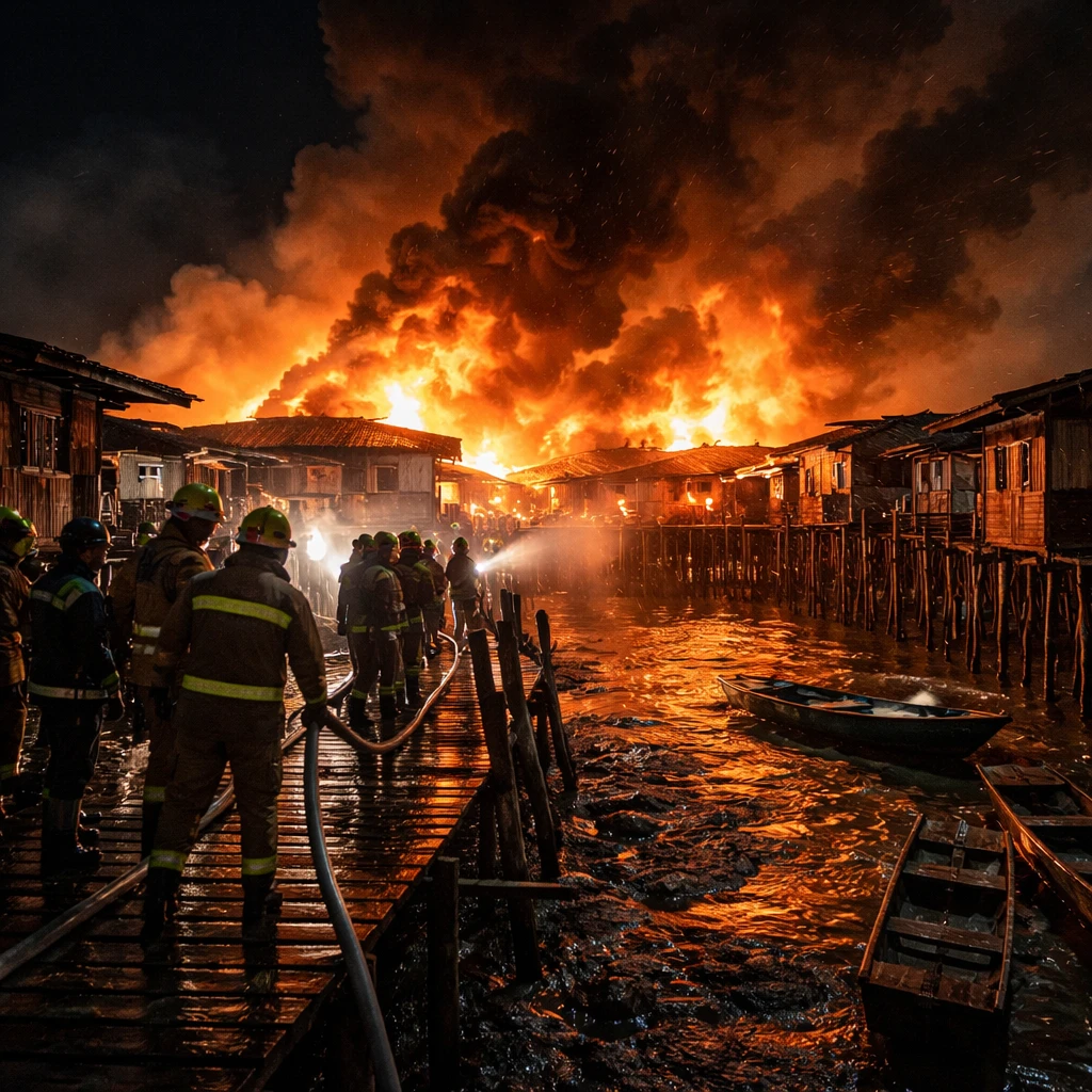 Major Blaze Razes Some 200 Homes in Sabah Water Village, Forcing Hundreds to Flee