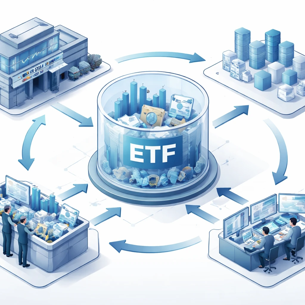 Isometric illustration of the structure of an actively managed ETF showing exchange trading, creation and redemption, and underlying holdings.