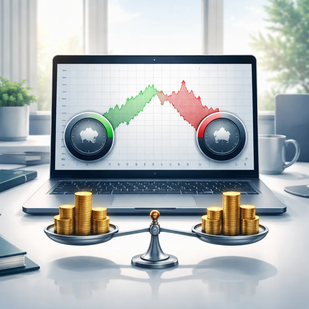 Illustration of a trading dashboard with an equity curve and position size dials adjusting up after gains and down after losses.