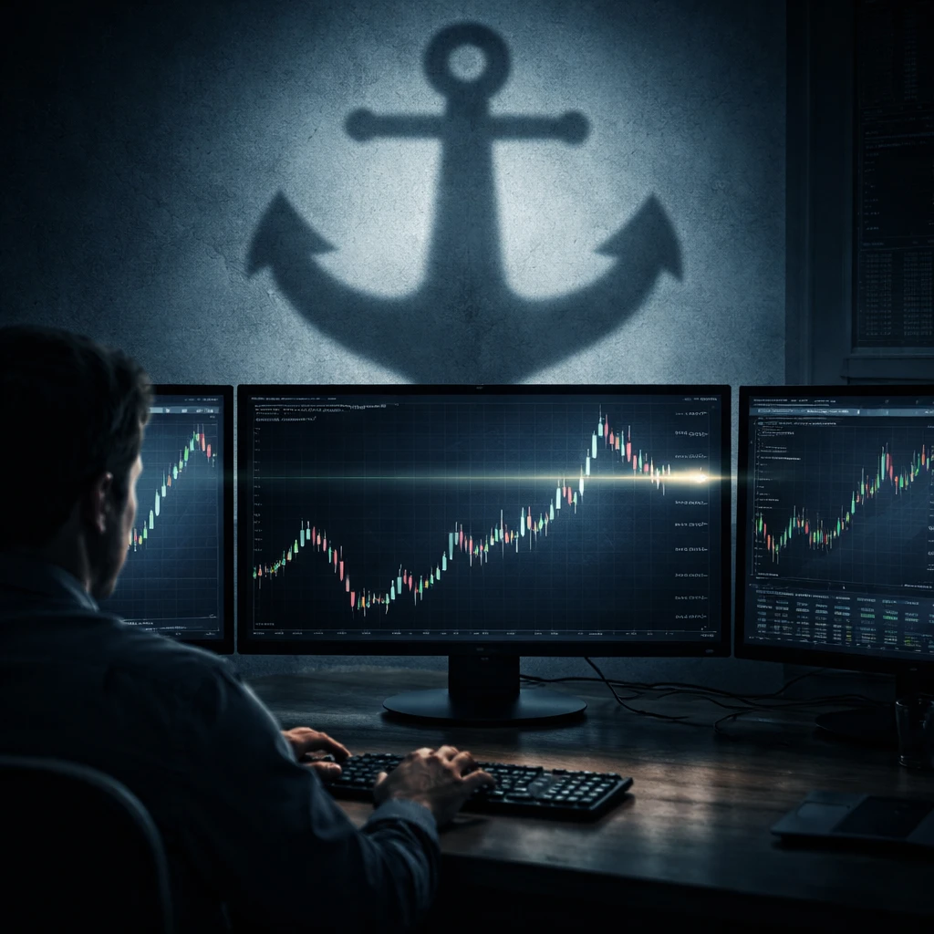 Conceptual image of an anchor shadow overlaying financial charts to represent anchoring bias in market decisions.