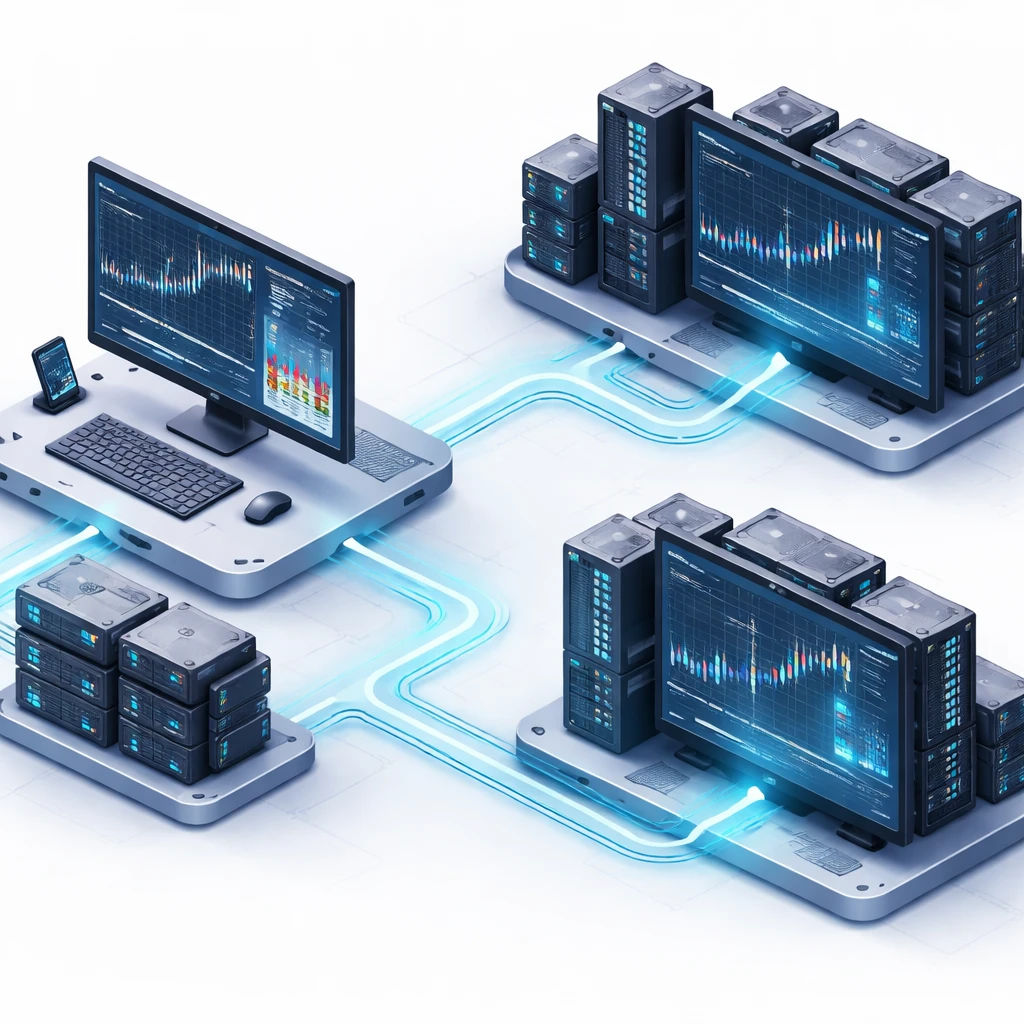 Isometric illustration of a trading API workflow linking a client application to a broker gateway and an exchange with streaming data and order confirmations.