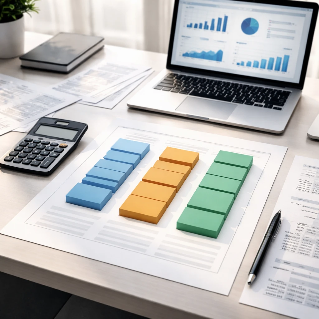 Conceptual visualization of assets, liabilities, and equity as stacked blocks on a financial analyst’s desk.