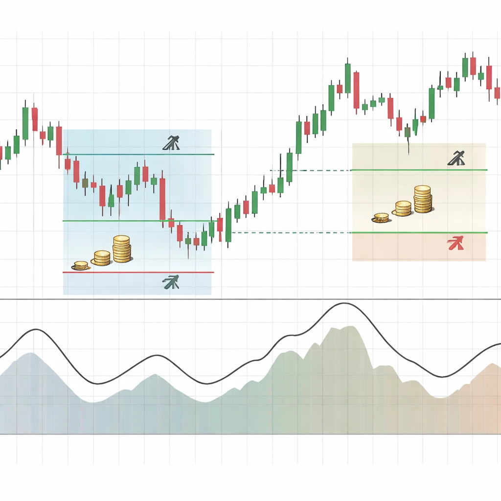 Price chart with ATR indicator illustrating volatility-adjusted stop distances and varying position sizes.