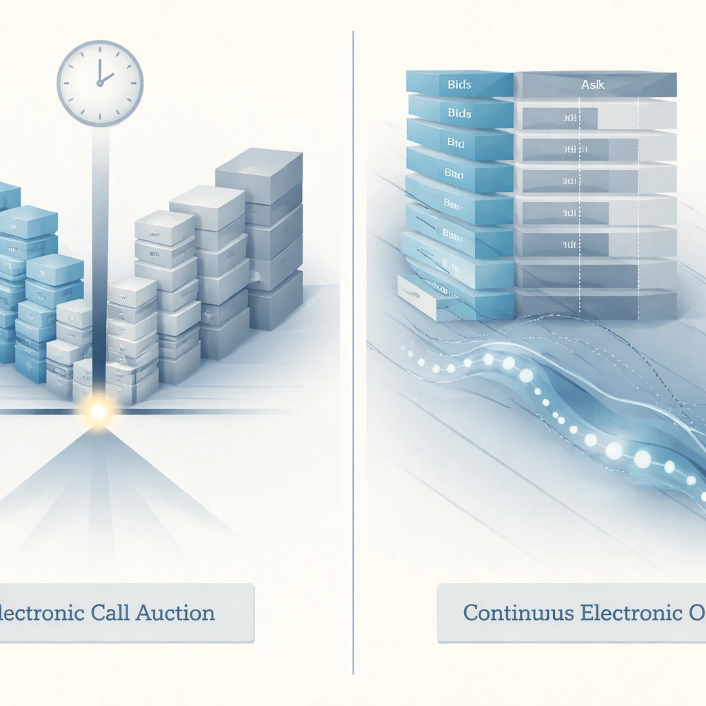 Side-by-side visual of an electronic call auction clearing at one price and a continuous order book matching trades over time.