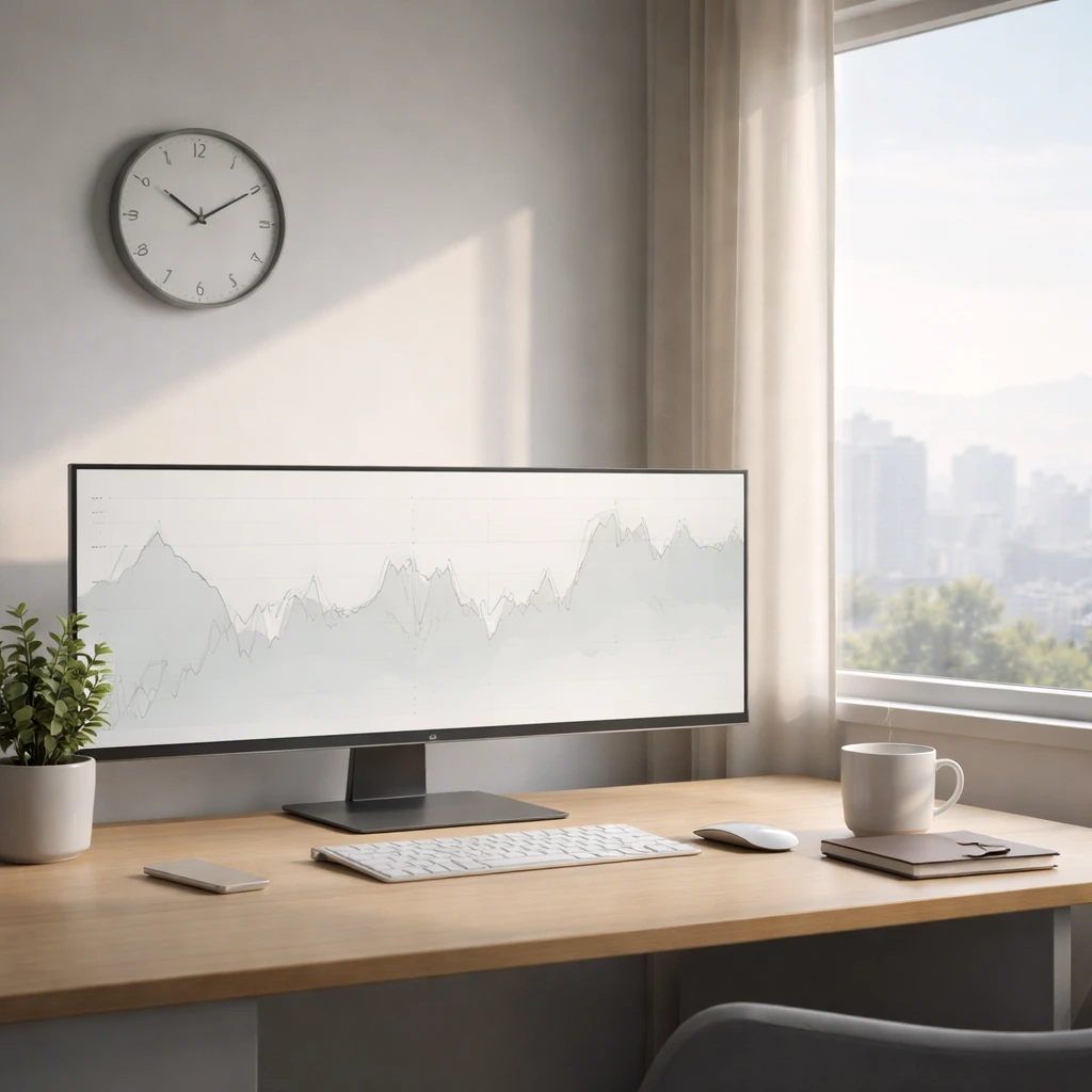 Calm trading workspace with natural light, tidy desk, and muted charts symbolizing sustainable focus.