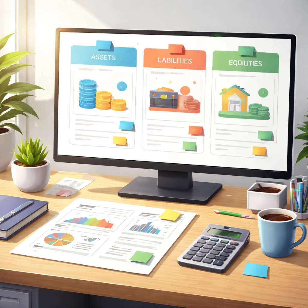 Illustration of a balance sheet layout highlighting assets, liabilities, and equity.