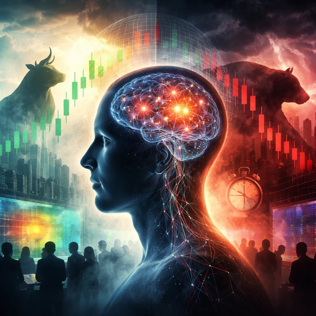 Conceptual split image of a bullish market on one side and a bearish market on the other, with a neural network inside a human head symbolizing cognitive biases.