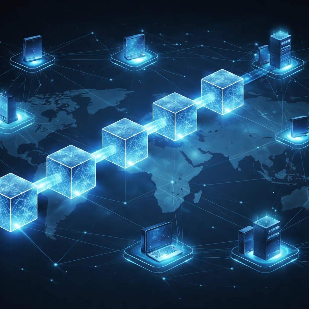 Abstract isometric visualization of linked blocks and distributed nodes forming a blockchain network.
