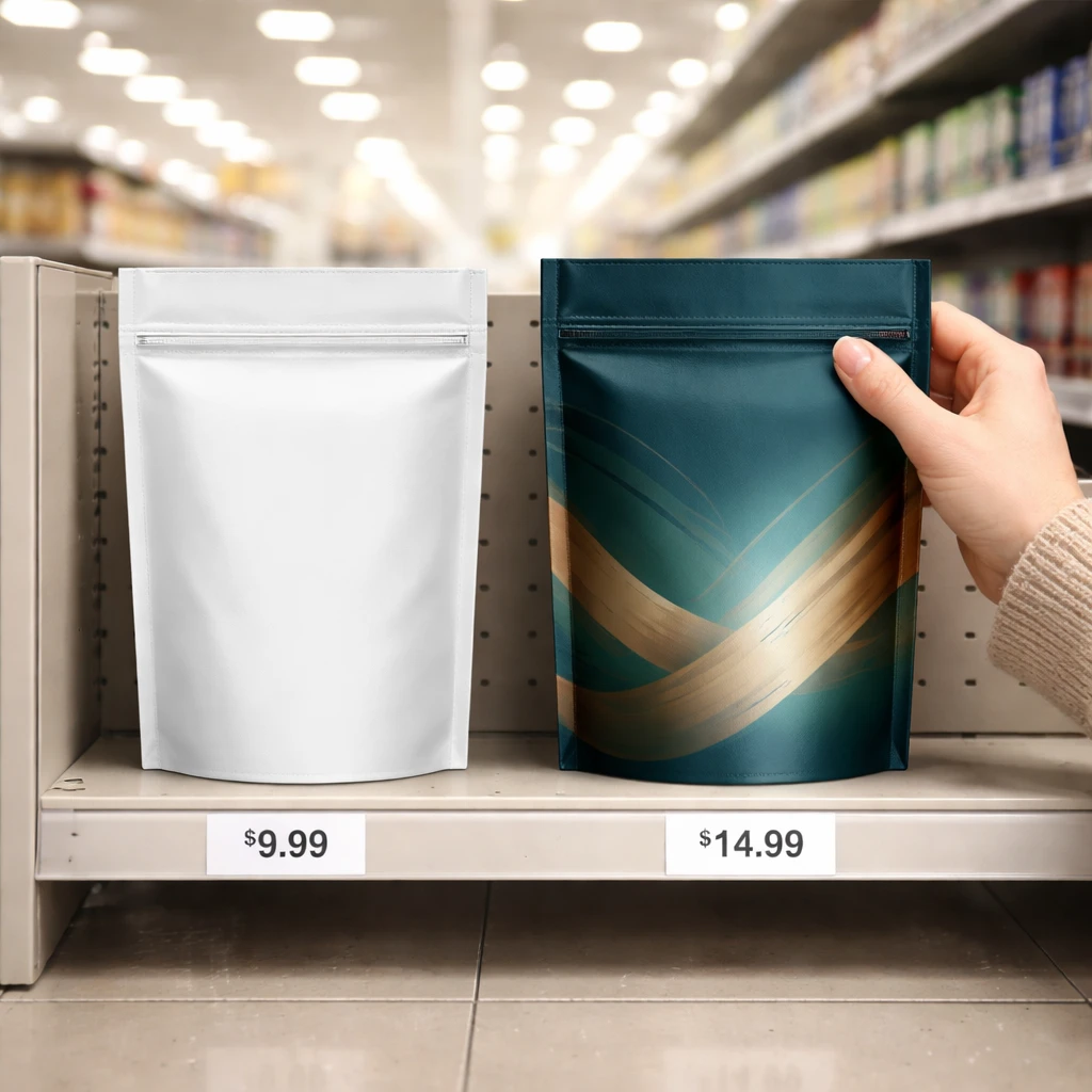 Shopper choosing a higher-priced branded product over a plain alternative on a retail shelf.