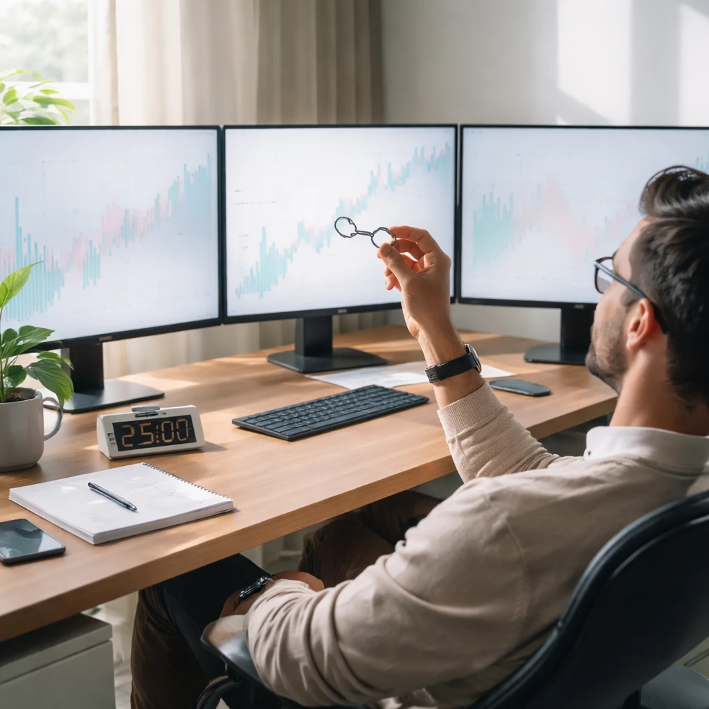 Trader at a calm workstation holding a broken chain link, with charts on screens and a timer on the desk.