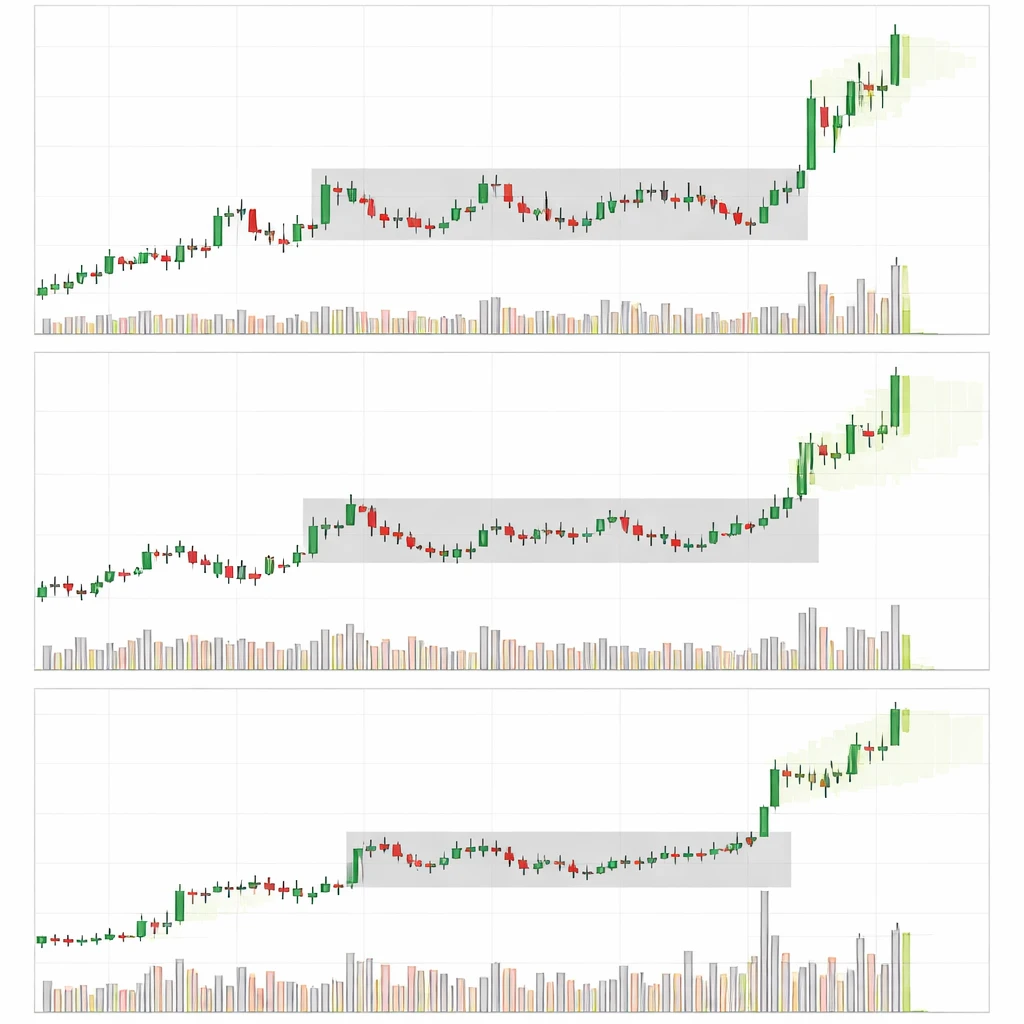 Three aligned charts showing weekly, daily, and hourly price action with a consolidation and subsequent breakout across timeframes.