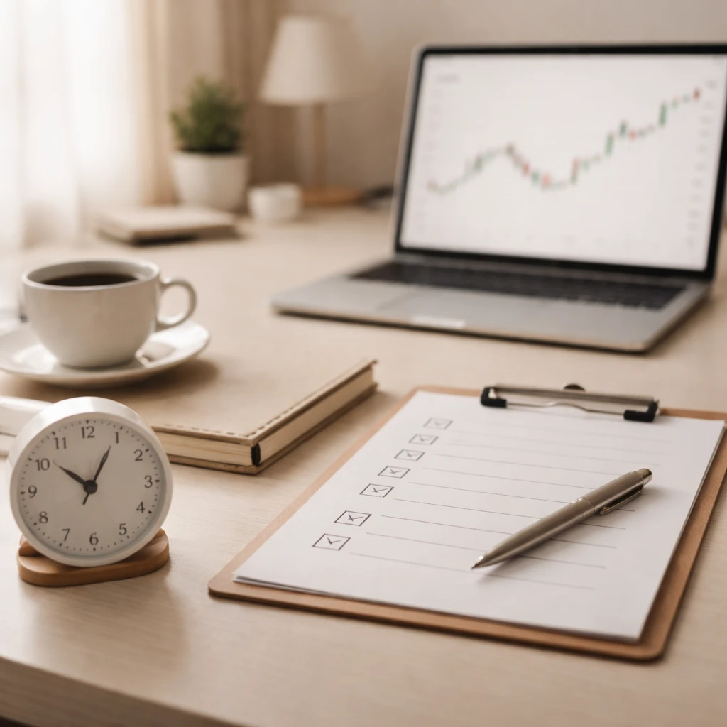 Organized trading desk with checklist, clock, and coffee highlighting the structure of a daily routine.