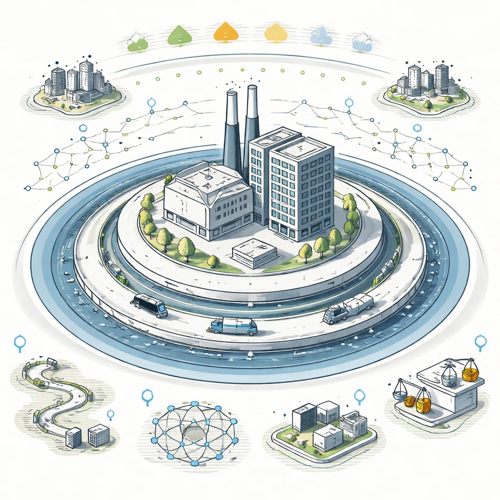 Isometric illustration of a company protected by layered competitive moats around its operations and networks.