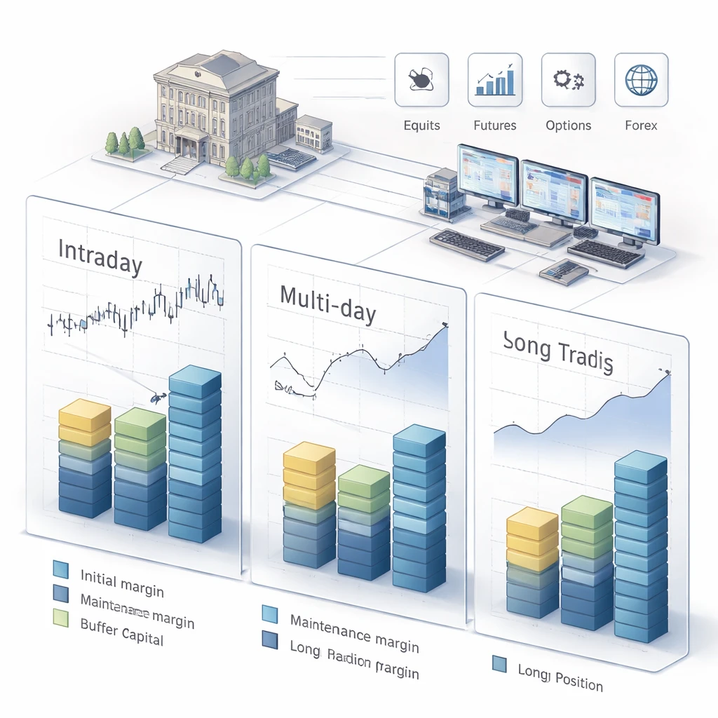 Isometric visualization of trading timeframes with layered capital stacks for margin and buffers across equities, futures, options, and forex.