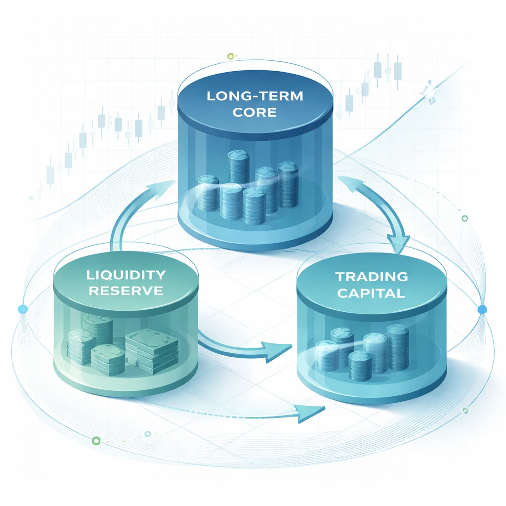 Isometric visualization of a portfolio segmented into long-term core, trading capital, and a liquidity reserve with controlled flows.