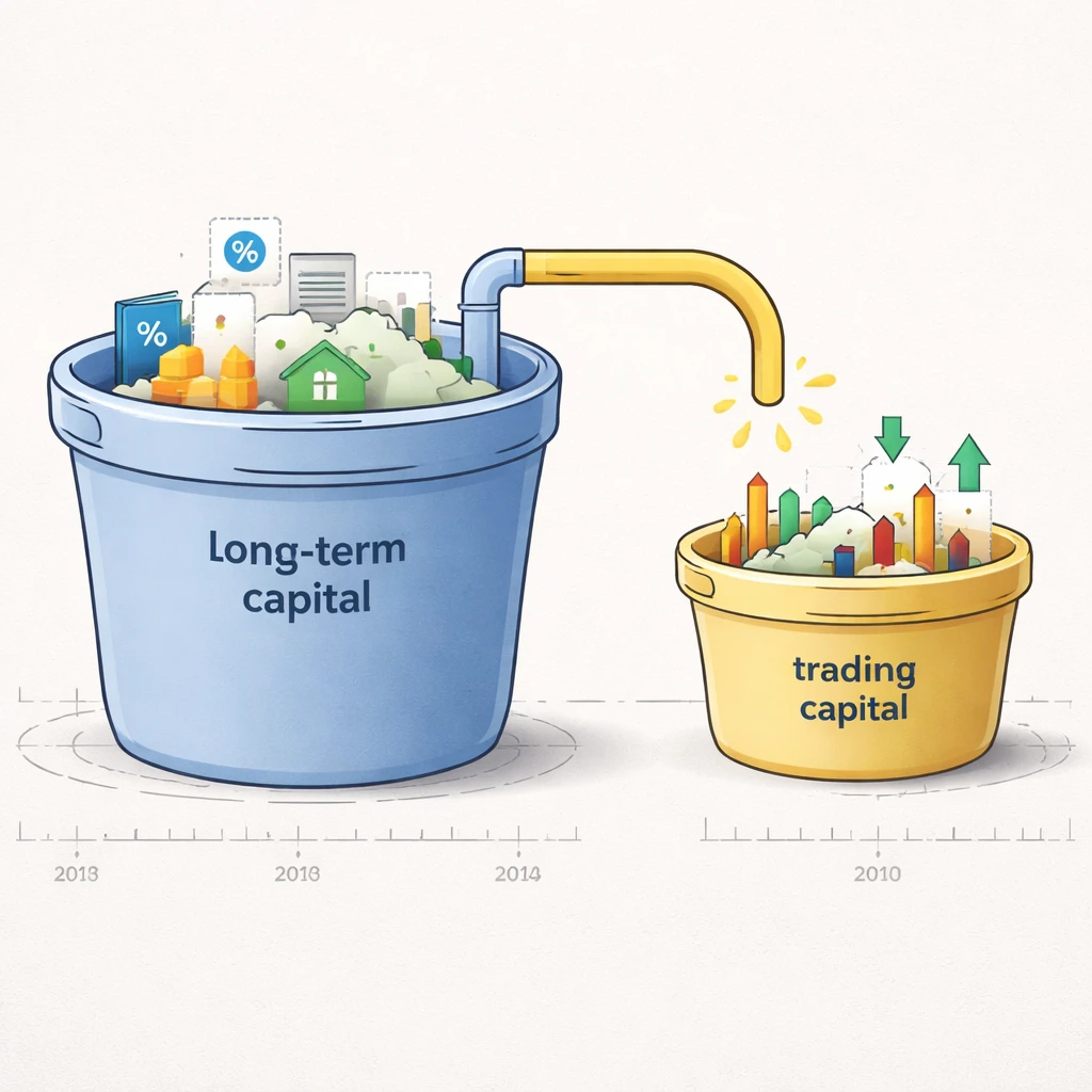 Visual concept of a portfolio split into a large long-term bucket and a smaller trading bucket with flows clearly separated.