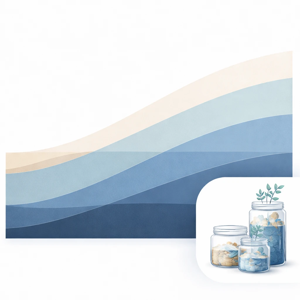 Abstract visualization of a glide path showing asset allocation bands that change smoothly over time, with an inset representing liquidity tiers.