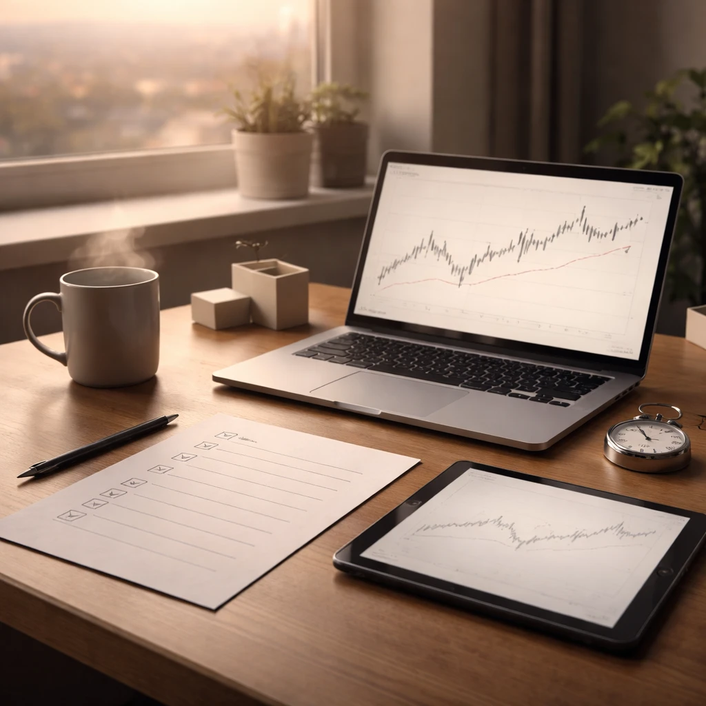 Orderly trading desk with a printed checklist, stopwatch, and laptop in soft morning light, conveying structure and calm focus.