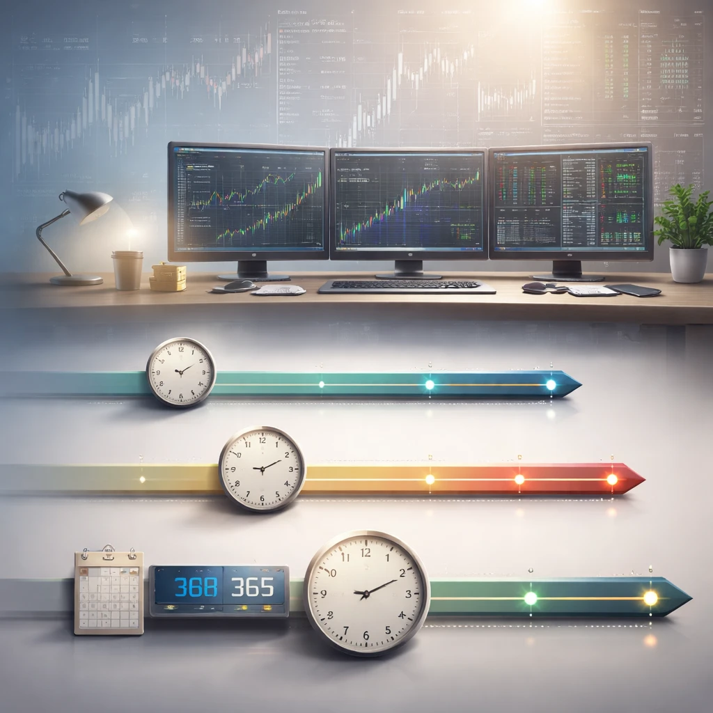 Conceptual visualization of short, medium, and long trading timeframes with clocks, charts, and order book elements, shown without text.