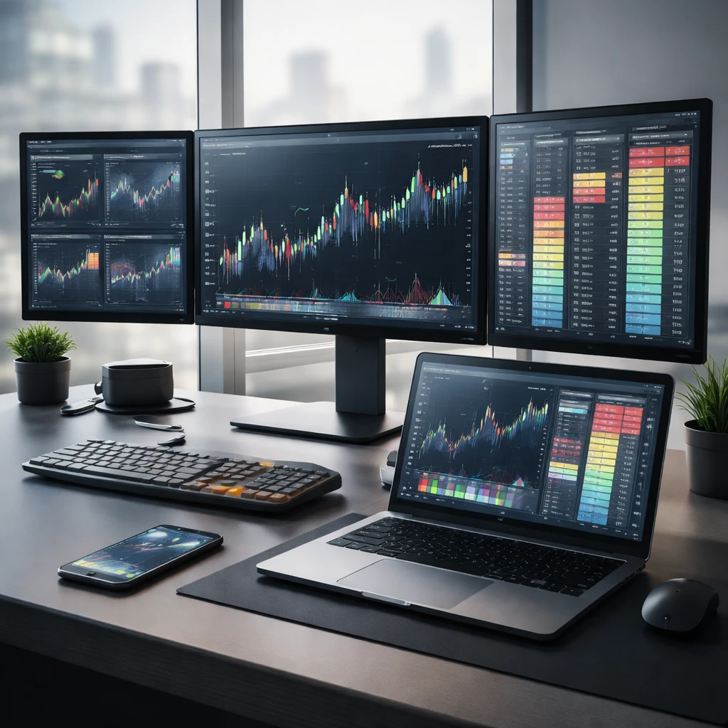 Multi-screen trading workstation with abstract platform panels for order entry, market depth, and charts, shown without text.