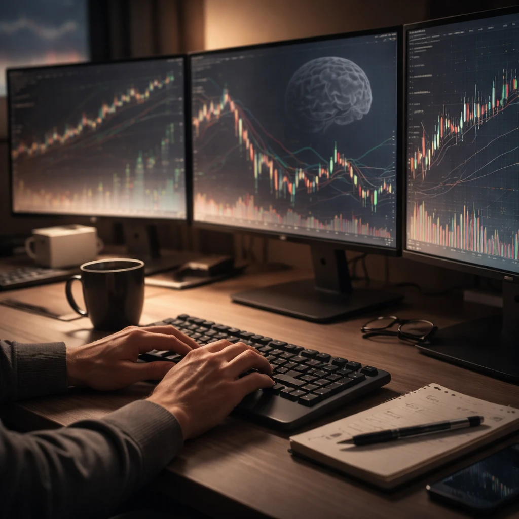Trader’s desk with charts, notepad, and a calm workspace suggesting psychological discipline.