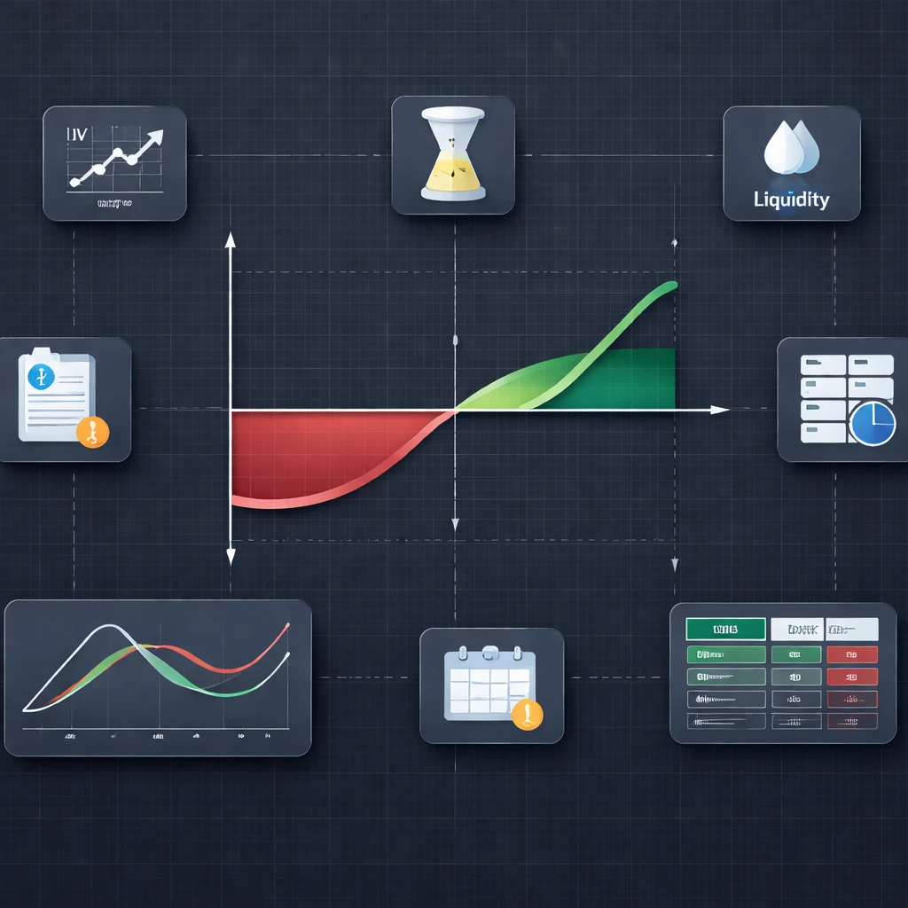 Stylized options payoff diagram with icons for volatility, time decay, liquidity, assignment risk, and events.