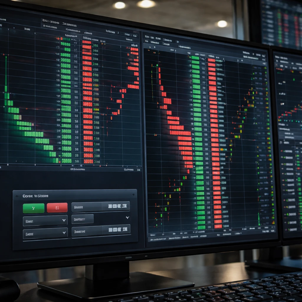 Detailed trading workstation showing an order book depth ladder and an order entry ticket without text.