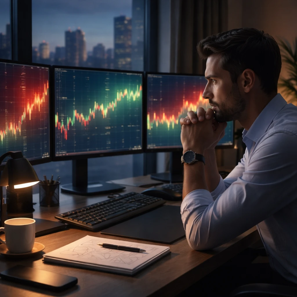 A reflective trader at a modern desk studying market charts after a drawdown, pausing before acting.