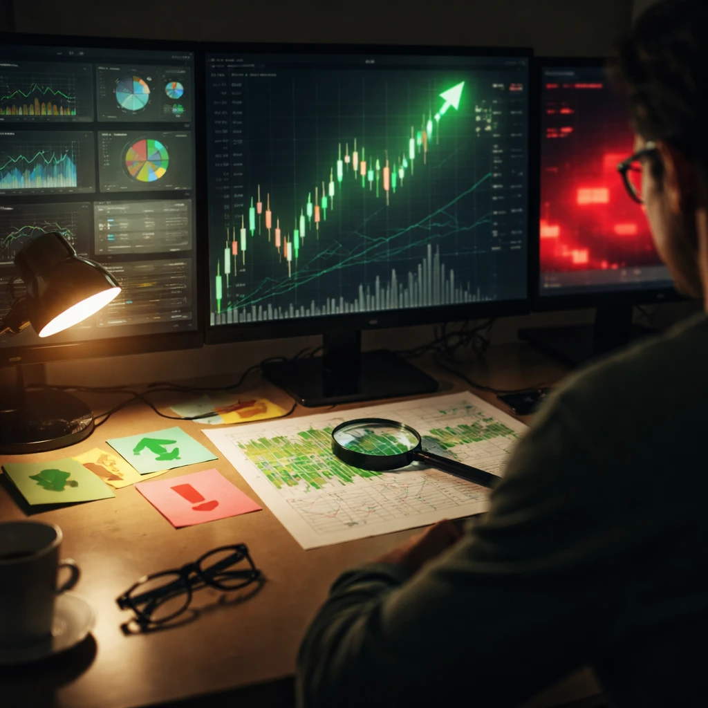 A researcher at a multi-monitor desk focusing on supportive market signals while blurry warning indicators fade into the background.