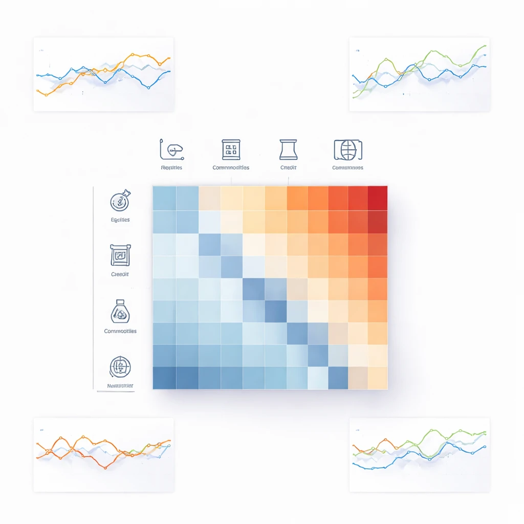 Abstract visualization of cross-asset correlations with a central heatmap and surrounding rolling correlation line plots.