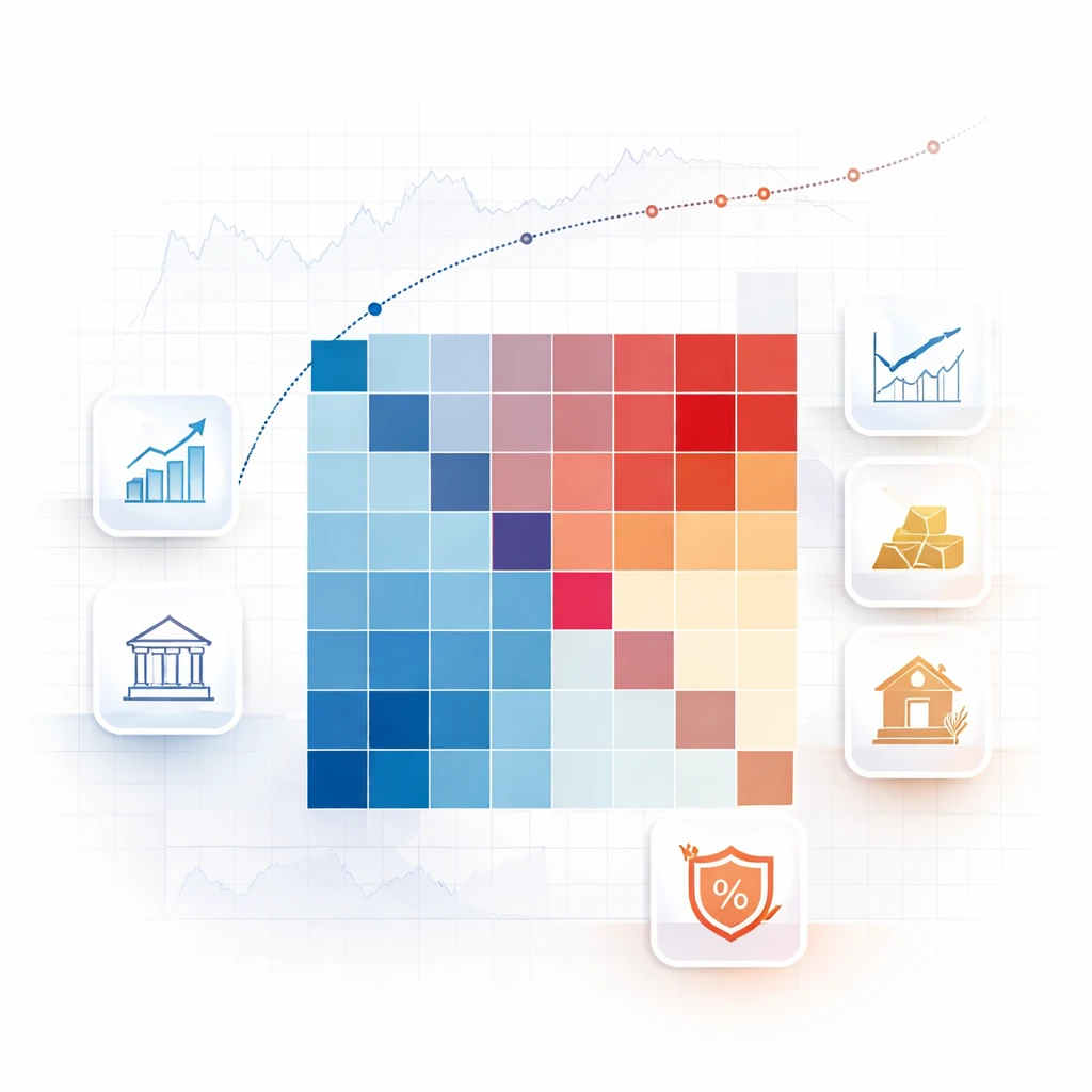 Abstract visualization of a correlation heatmap and multi-asset icons illustrating diversification across equities, bonds, commodities, and real assets.
