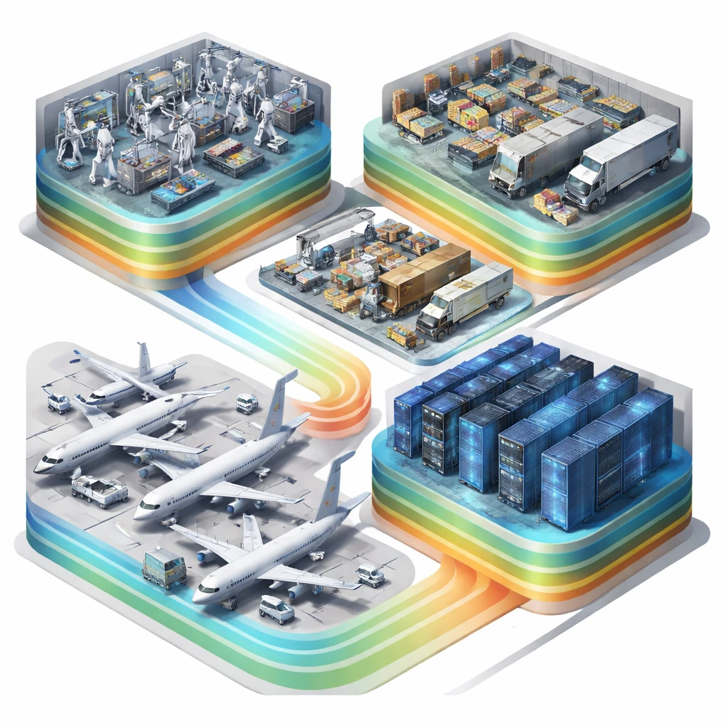 Isometric scene combining a chip fab, a grocery distribution center, an airport tarmac, and a server hall, with layered visual bands indicating fixed and variable cost flows.