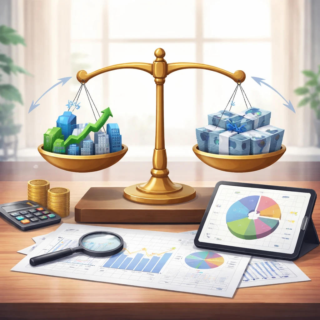 Illustration of a balanced scale and portfolio charts symbolizing the trade-offs and costs of frequent rebalancing.