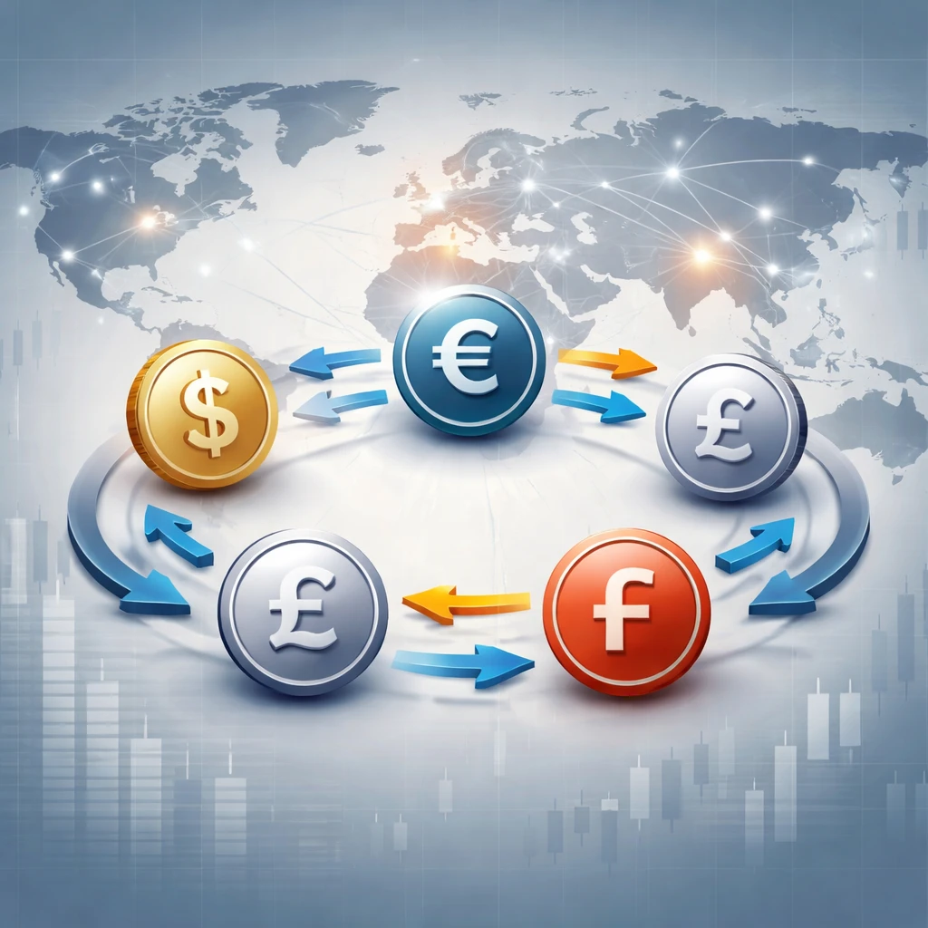 Stylized world map with major currencies connected in pairs, illustrating the base and quote relationship.