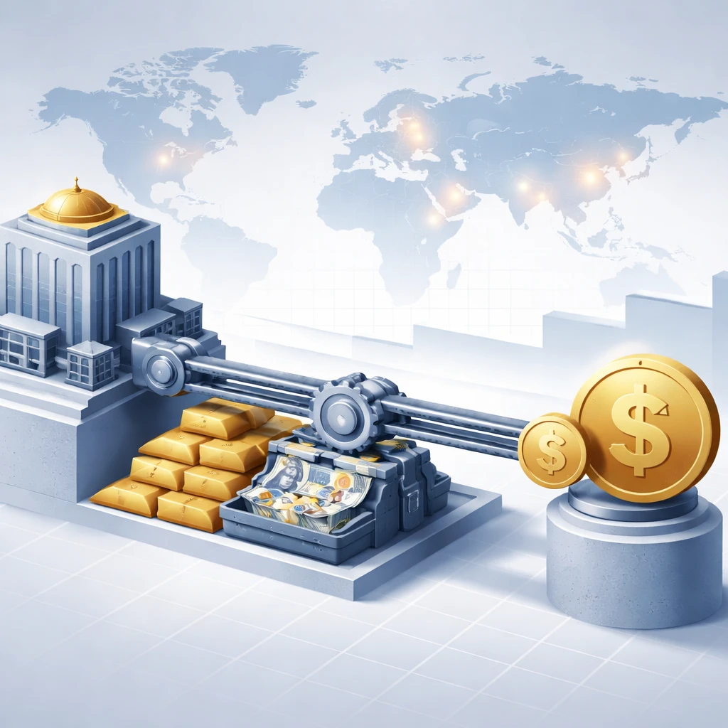 Conceptual illustration of a currency peg with foreign reserves stabilizing a domestic currency against an anchor currency.