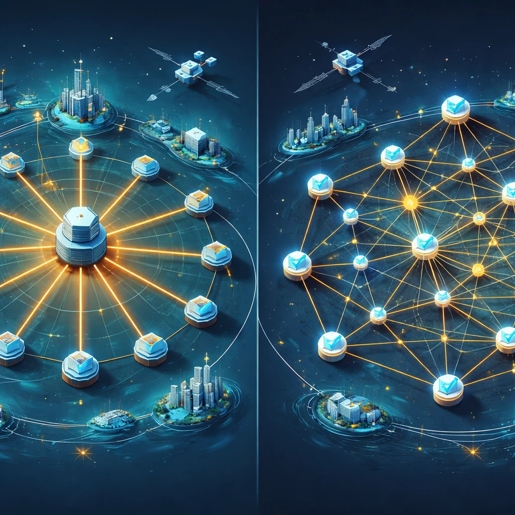 Side-by-side visualization comparing a centralized hub-and-spoke network to a decentralized mesh of nodes.