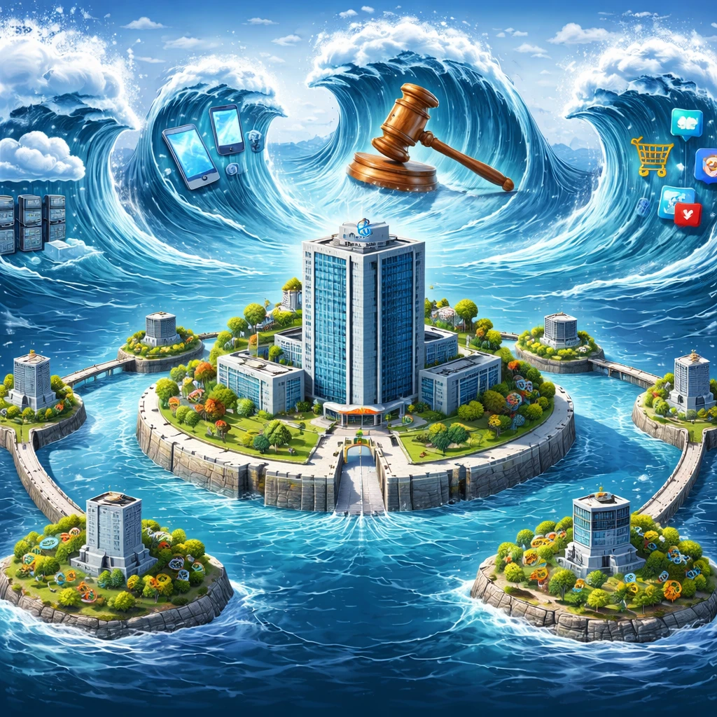 Conceptual illustration of a corporate moat facing waves of technological and market disruption without text.