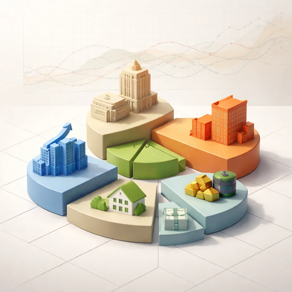 Abstract multi-asset portfolio visualization with equities, bonds, real estate, commodities, and cash represented as distinct colored segments connected by subtle links.