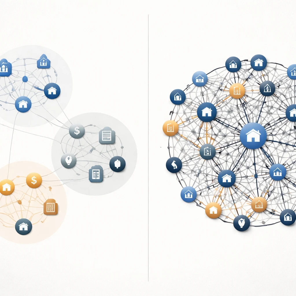 Visual comparison of a well-diversified portfolio network versus a crowded, highly correlated portfolio network.