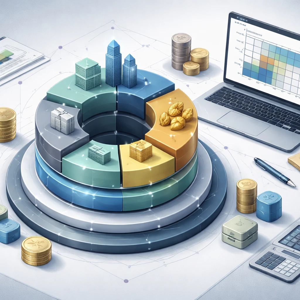 Isometric illustration showing a multi-asset ETF portfolio with pie segments for equities, bonds, real estate, and commodities connected by correlation lines.