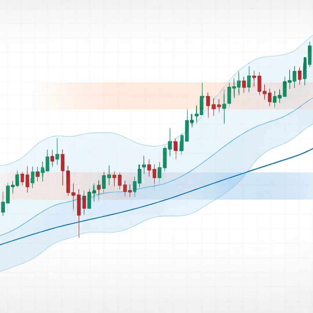 Candlestick chart with horizontal zones and curved moving average and bands illustrating static and dynamic levels.