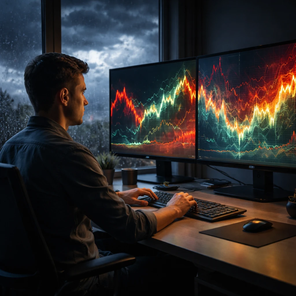 Calm analyst maintaining focus at a workstation while volatile market charts fluctuate on screens.