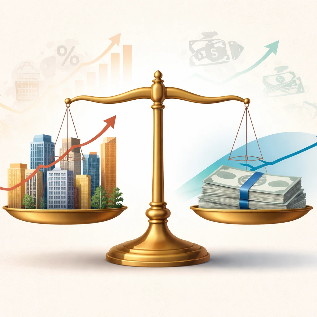 A balanced scale depicting equities as a rising stock chart and buildings, and fixed income as bond certificates with a yield curve, conveying the tradeoff between growth and stability.