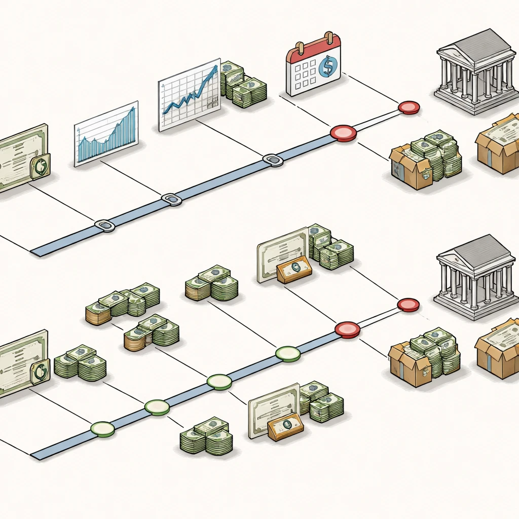 Two option timelines comparing European single exercise at expiration with American multiple potential exercise points, alongside icons for dividends, settlement, and clearing.