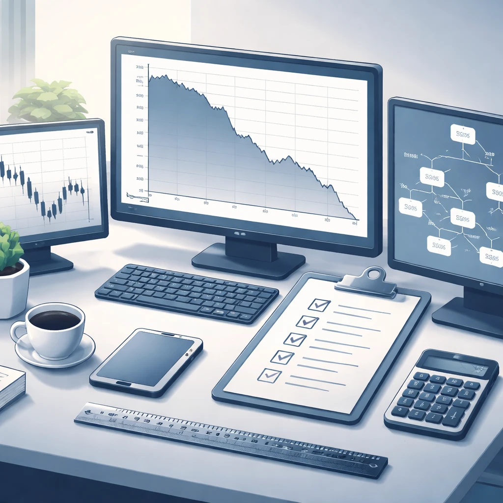 Conceptual illustration of downside-first risk analysis with a drawdown curve, scenario branches, and a checklist on a trader’s desk.