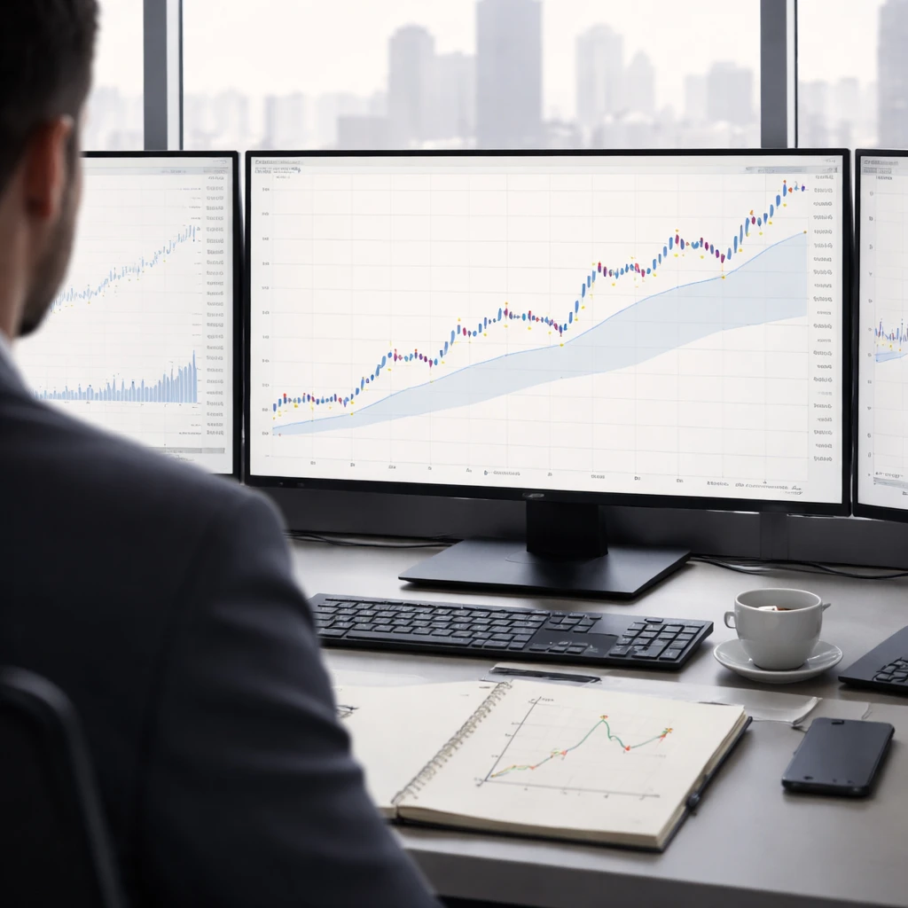 Professional trader reviewing a rising chart with a trailing line and markers for partial exits, illustrating how to exit winning trades.