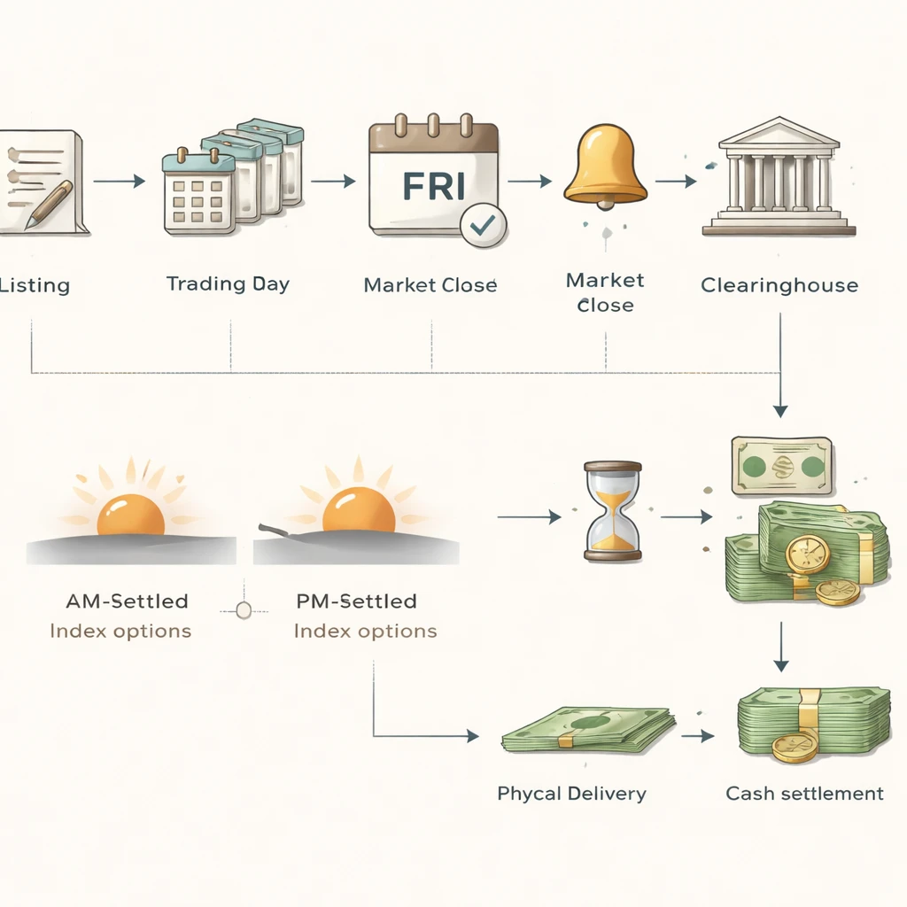Visual timeline of an option’s lifecycle highlighting listing, last trading day, exercise cutoff, and settlement outcomes.