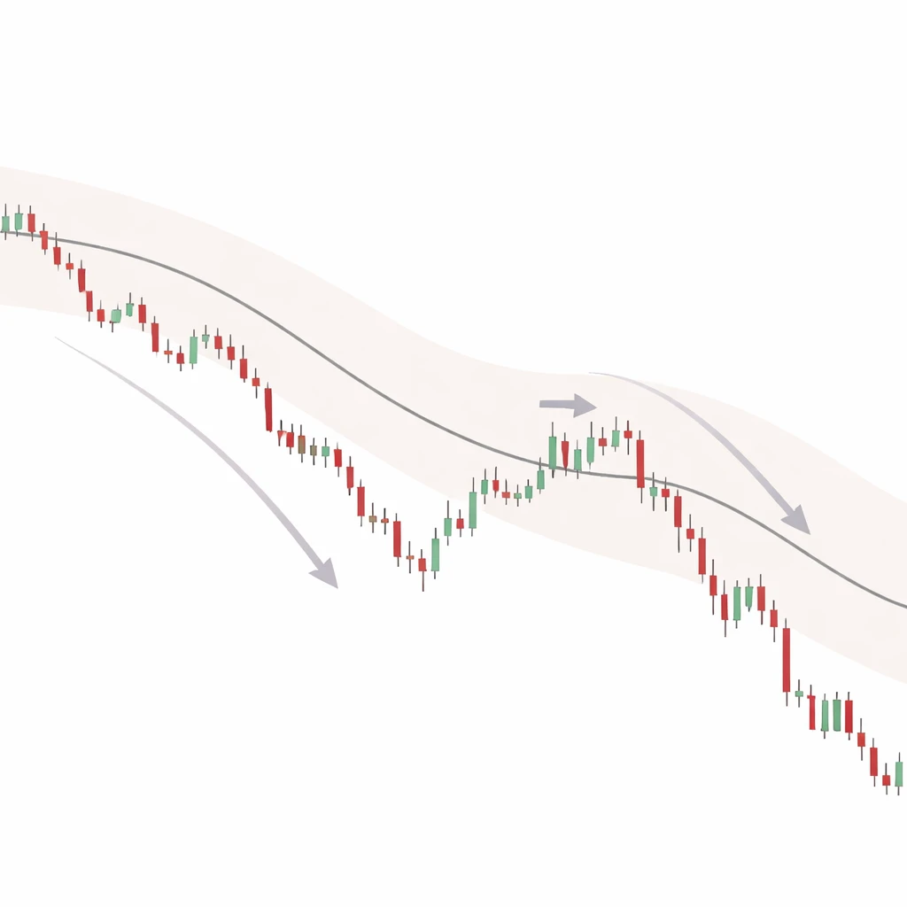 Chart showing price deviating far below a moving average, briefly reverting toward it, then failing and continuing lower, with a shaded mean zone.