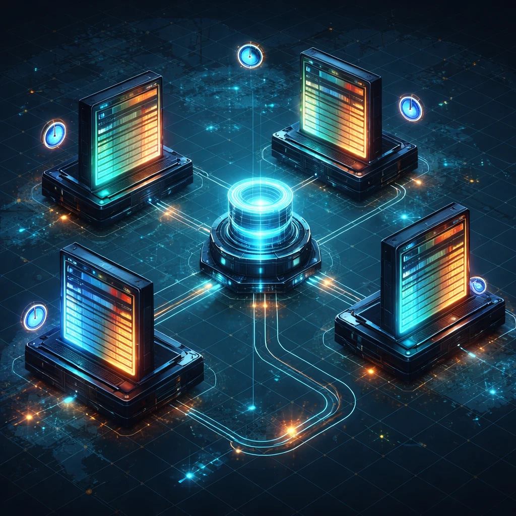 Network visualization of multiple exchange order books connected to a smart order router, representing fragmented liquidity and routing paths.