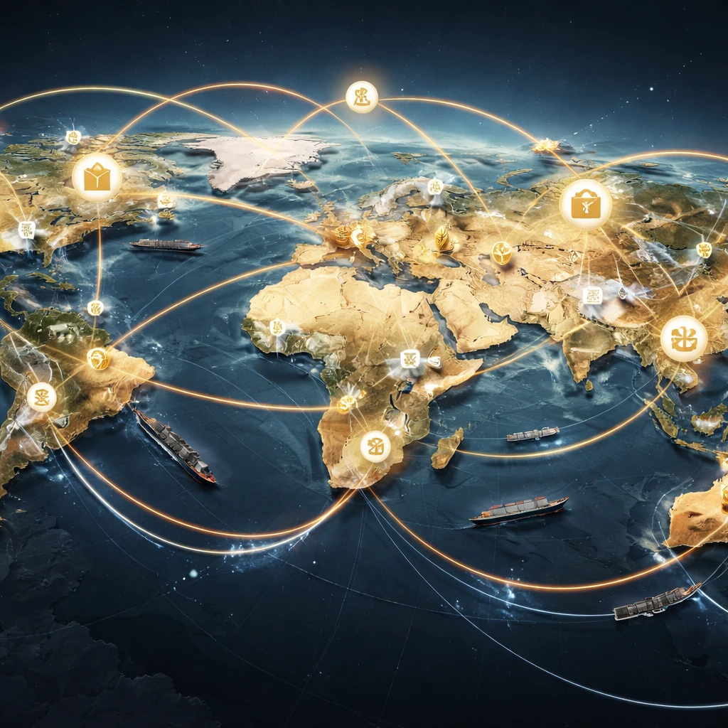 World map with interconnected routes depicting trade, capital flows, commodities, currencies, and policy linkages.